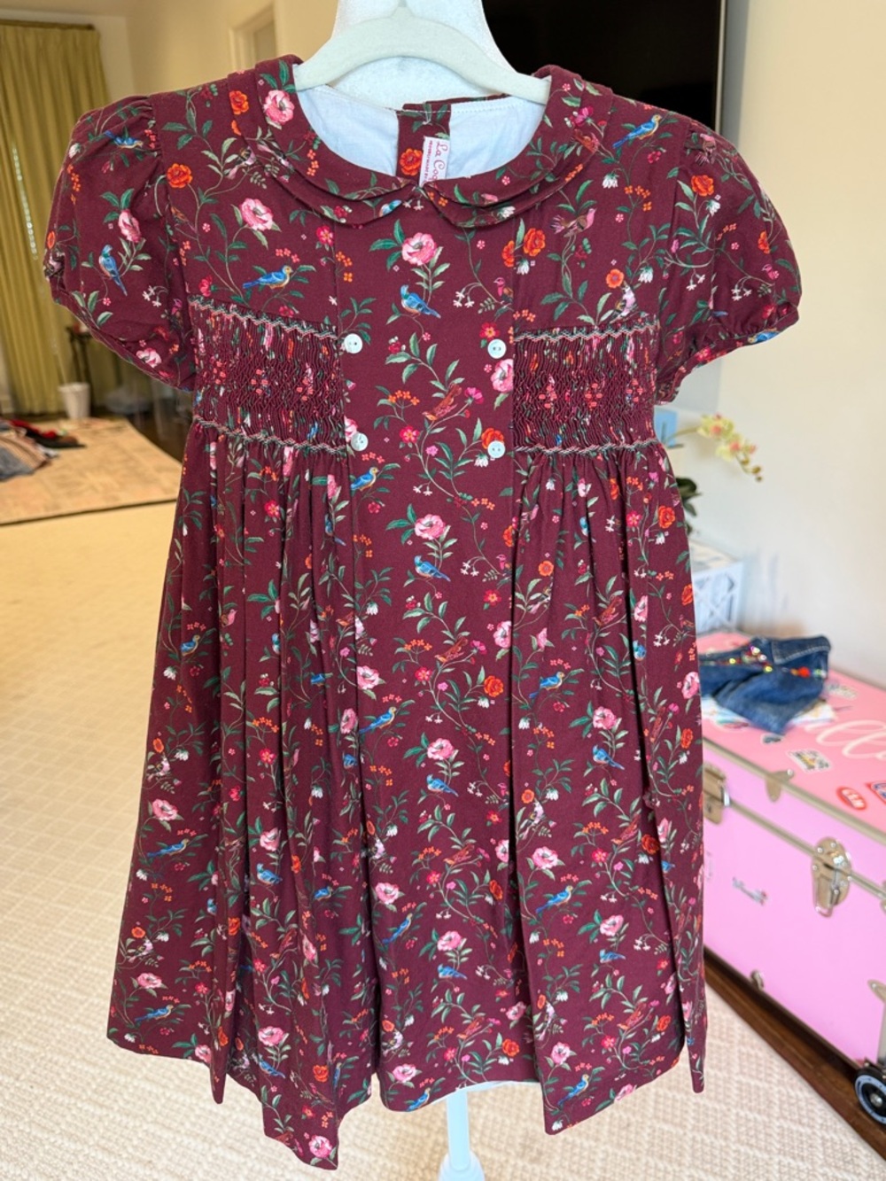 La Coqueta - Girls Burgundy Floral Arcadia Hand-Smocked Dress - Size: 8Y